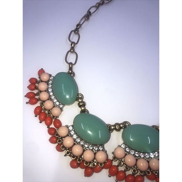 J CREW Teal, Orange, Peach, GLASS & CRYSTAL DRAMATIC RUNWAY NECKLACE Vintage - Picture 3 of 13